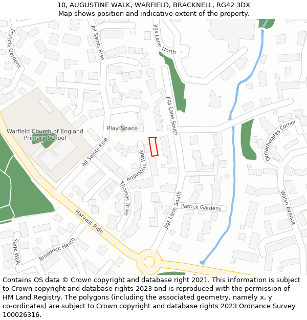 10, AUGUSTINE WALK, WARFIELD, BRACKNELL, RG42 3DX: Location map and indicative extent of plot