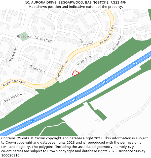 10, AURORA DRIVE, BEGGARWOOD, BASINGSTOKE, RG22 4FH: Location map and indicative extent of plot