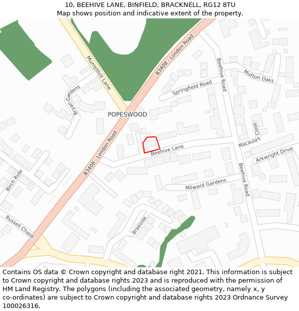 10, BEEHIVE LANE, BINFIELD, BRACKNELL, RG12 8TU: Location map and indicative extent of plot