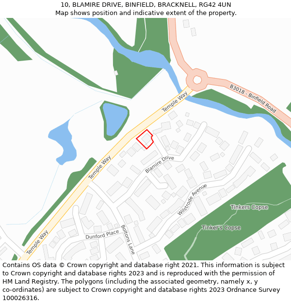 10, BLAMIRE DRIVE, BINFIELD, BRACKNELL, RG42 4UN: Location map and indicative extent of plot