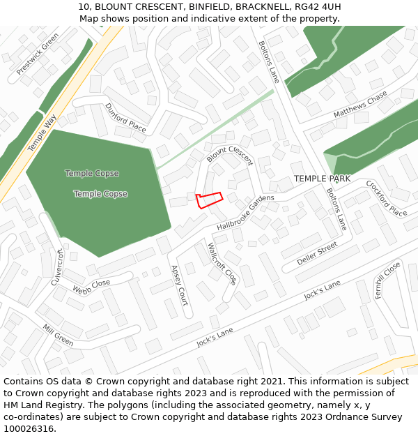 10, BLOUNT CRESCENT, BINFIELD, BRACKNELL, RG42 4UH: Location map and indicative extent of plot