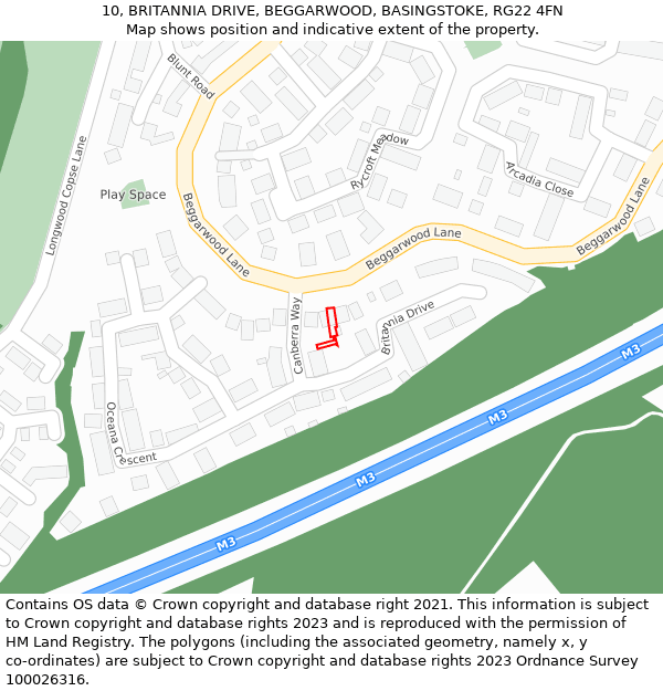 10, BRITANNIA DRIVE, BEGGARWOOD, BASINGSTOKE, RG22 4FN: Location map and indicative extent of plot