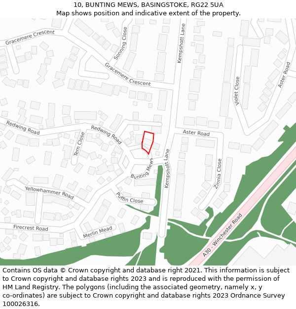 10, BUNTING MEWS, BASINGSTOKE, RG22 5UA: Location map and indicative extent of plot