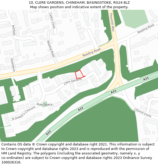 10, CLERE GARDENS, CHINEHAM, BASINGSTOKE, RG24 8LZ: Location map and indicative extent of plot