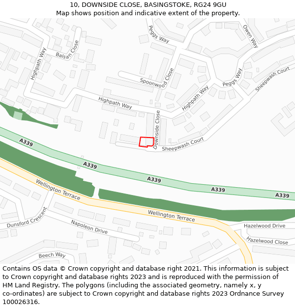 10, DOWNSIDE CLOSE, BASINGSTOKE, RG24 9GU: Location map and indicative extent of plot