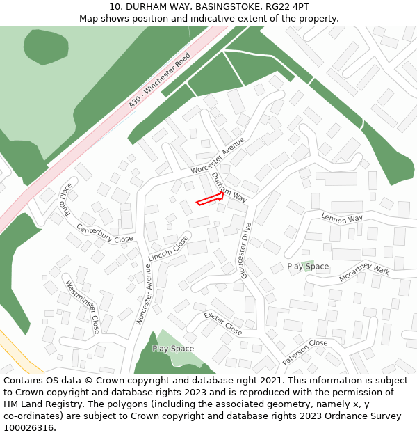 10, DURHAM WAY, BASINGSTOKE, RG22 4PT: Location map and indicative extent of plot