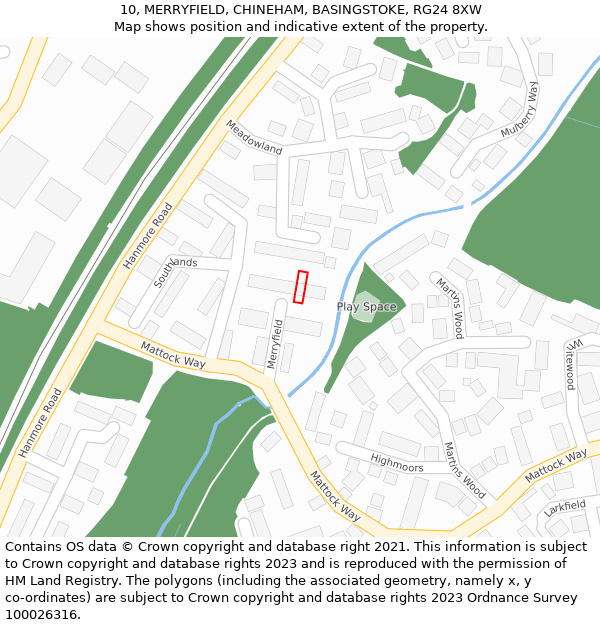 10, MERRYFIELD, CHINEHAM, BASINGSTOKE, RG24 8XW: Location map and indicative extent of plot