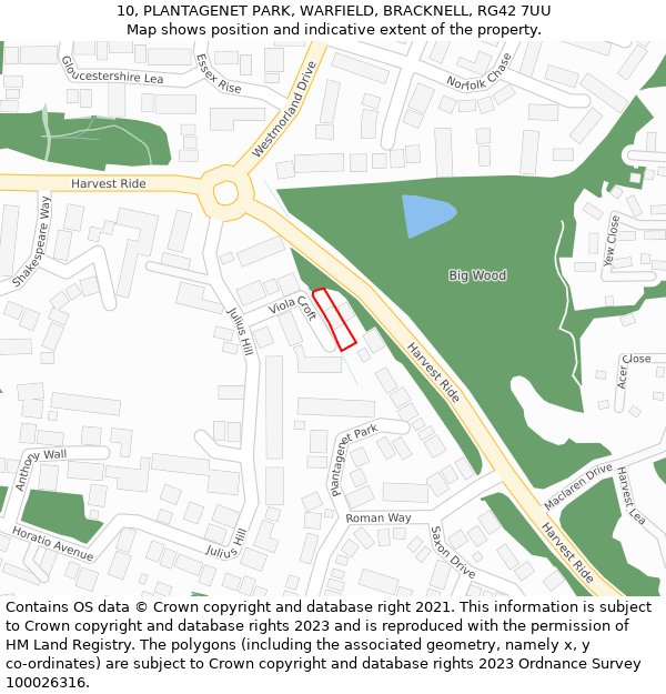 10, PLANTAGENET PARK, WARFIELD, BRACKNELL, RG42 7UU: Location map and indicative extent of plot
