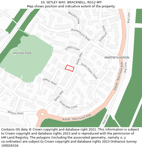 10, SETLEY WAY, BRACKNELL, RG12 9FF: Location map and indicative extent of plot