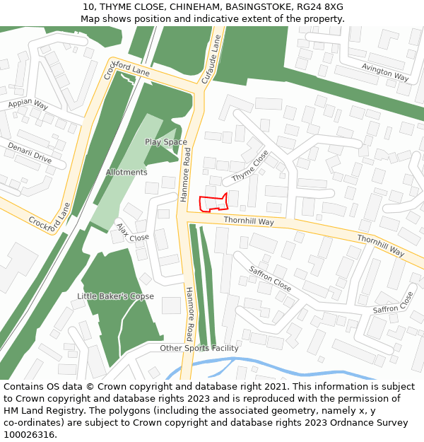 10, THYME CLOSE, CHINEHAM, BASINGSTOKE, RG24 8XG: Location map and indicative extent of plot