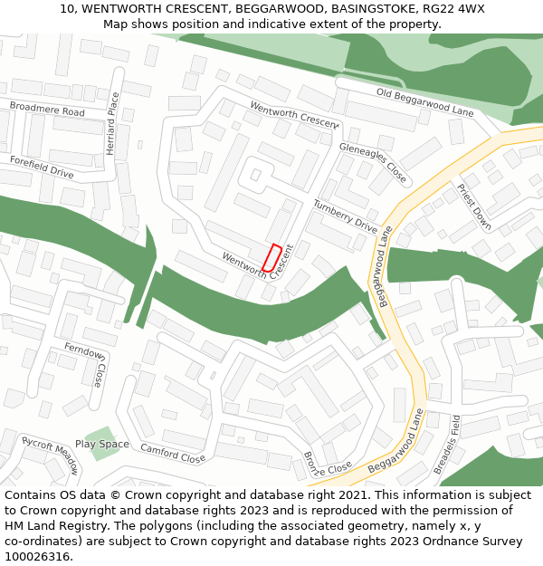 10, WENTWORTH CRESCENT, BEGGARWOOD, BASINGSTOKE, RG22 4WX: Location map and indicative extent of plot
