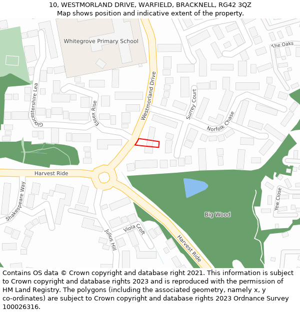 10, WESTMORLAND DRIVE, WARFIELD, BRACKNELL, RG42 3QZ: Location map and indicative extent of plot