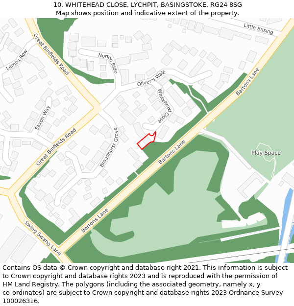 10, WHITEHEAD CLOSE, LYCHPIT, BASINGSTOKE, RG24 8SG: Location map and indicative extent of plot