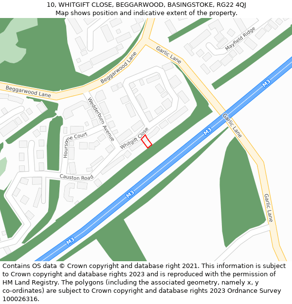 10, WHITGIFT CLOSE, BEGGARWOOD, BASINGSTOKE, RG22 4QJ: Location map and indicative extent of plot