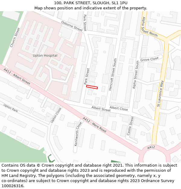 100, PARK STREET, SLOUGH, SL1 1PU: Location map and indicative extent of plot