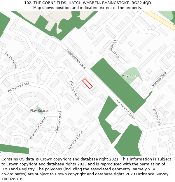 102, THE CORNFIELDS, HATCH WARREN, BASINGSTOKE, RG22 4QD: Location map and indicative extent of plot