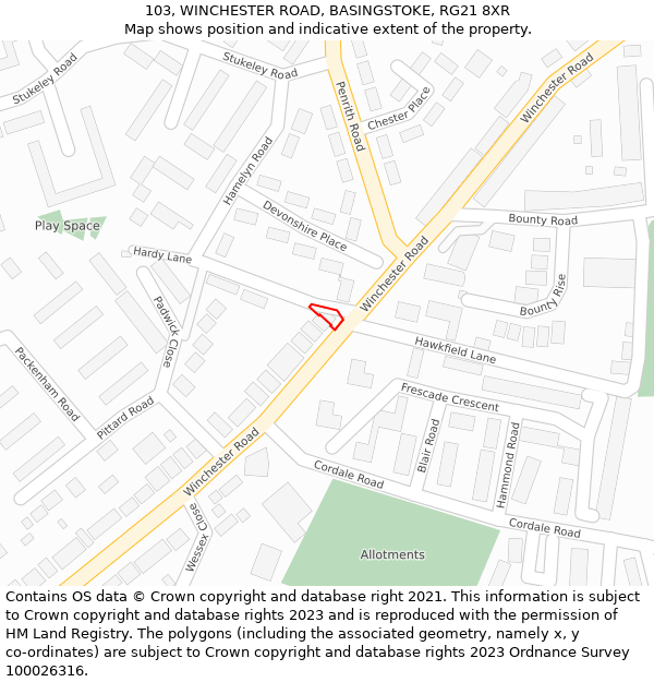 103, WINCHESTER ROAD, BASINGSTOKE, RG21 8XR: Location map and indicative extent of plot