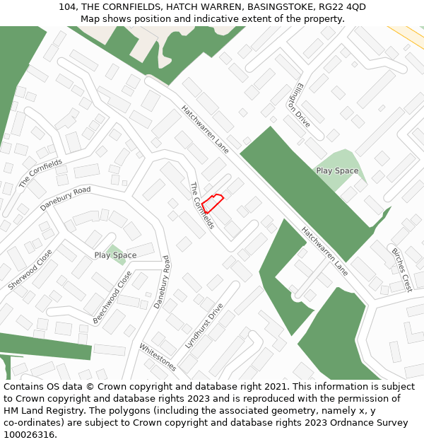 104, THE CORNFIELDS, HATCH WARREN, BASINGSTOKE, RG22 4QD: Location map and indicative extent of plot