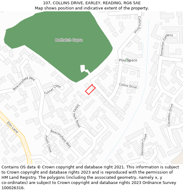 107, COLLINS DRIVE, EARLEY, READING, RG6 5AE: Location map and indicative extent of plot