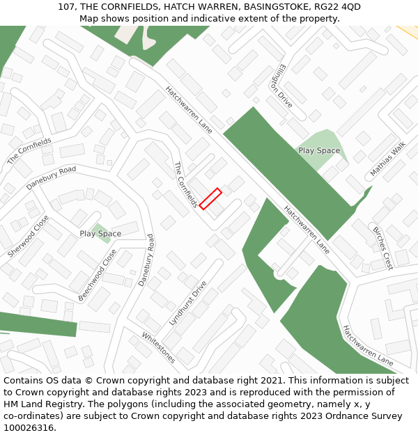 107, THE CORNFIELDS, HATCH WARREN, BASINGSTOKE, RG22 4QD: Location map and indicative extent of plot