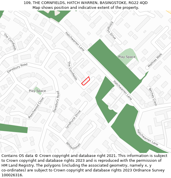 109, THE CORNFIELDS, HATCH WARREN, BASINGSTOKE, RG22 4QD: Location map and indicative extent of plot