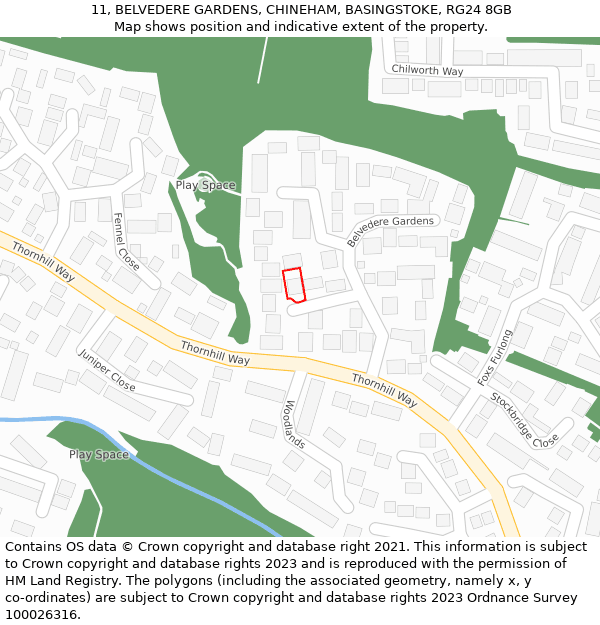 11, BELVEDERE GARDENS, CHINEHAM, BASINGSTOKE, RG24 8GB: Location map and indicative extent of plot