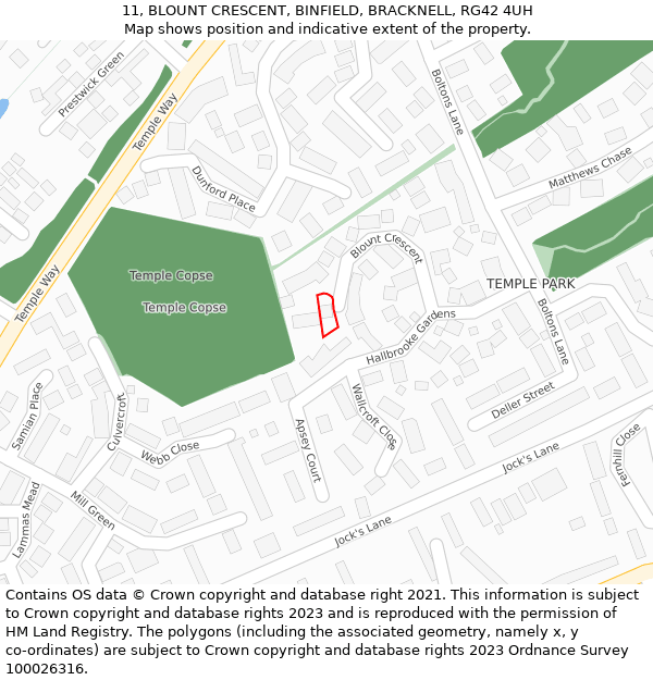 11, BLOUNT CRESCENT, BINFIELD, BRACKNELL, RG42 4UH: Location map and indicative extent of plot