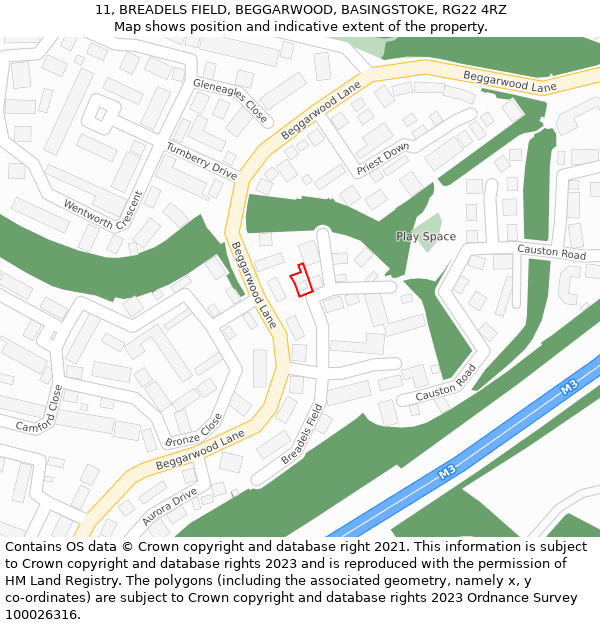 11, BREADELS FIELD, BEGGARWOOD, BASINGSTOKE, RG22 4RZ: Location map and indicative extent of plot