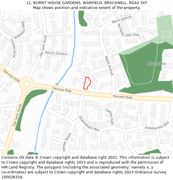 11, BURNT HOUSE GARDENS, WARFIELD, BRACKNELL, RG42 3XY: Location map and indicative extent of plot