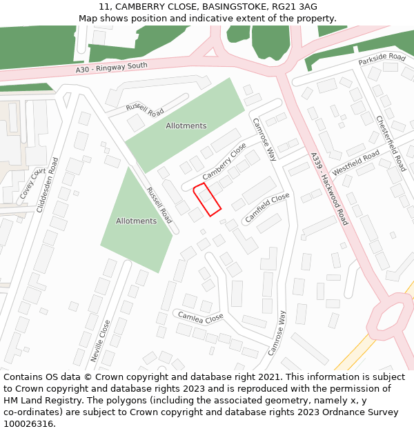 11, CAMBERRY CLOSE, BASINGSTOKE, RG21 3AG: Location map and indicative extent of plot