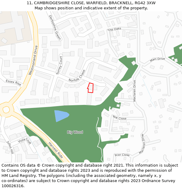 11, CAMBRIDGESHIRE CLOSE, WARFIELD, BRACKNELL, RG42 3XW: Location map and indicative extent of plot