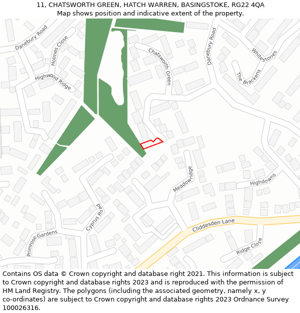 11, CHATSWORTH GREEN, HATCH WARREN, BASINGSTOKE, RG22 4QA: Location map and indicative extent of plot