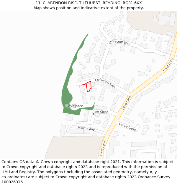 11, CLARENDON RISE, TILEHURST, READING, RG31 6XX: Location map and indicative extent of plot