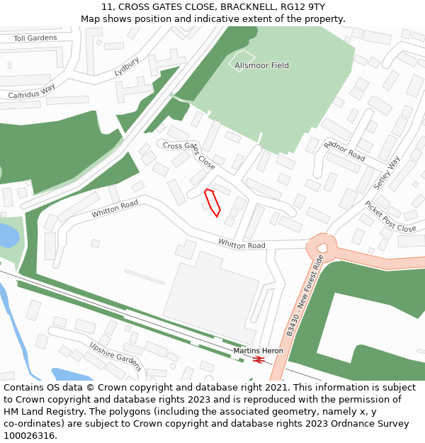 11, CROSS GATES CLOSE, BRACKNELL, RG12 9TY: Location map and indicative extent of plot