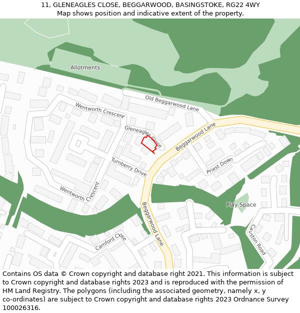 11, GLENEAGLES CLOSE, BEGGARWOOD, BASINGSTOKE, RG22 4WY: Location map and indicative extent of plot