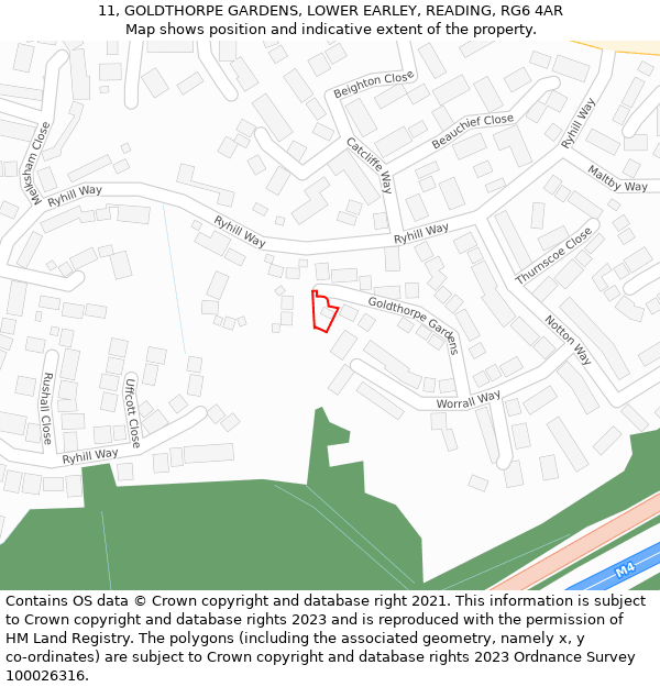 11, GOLDTHORPE GARDENS, LOWER EARLEY, READING, RG6 4AR: Location map and indicative extent of plot
