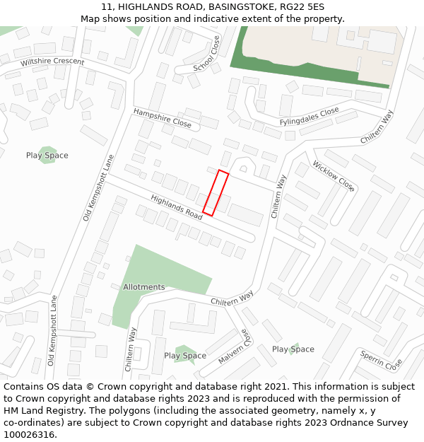 11, HIGHLANDS ROAD, BASINGSTOKE, RG22 5ES: Location map and indicative extent of plot
