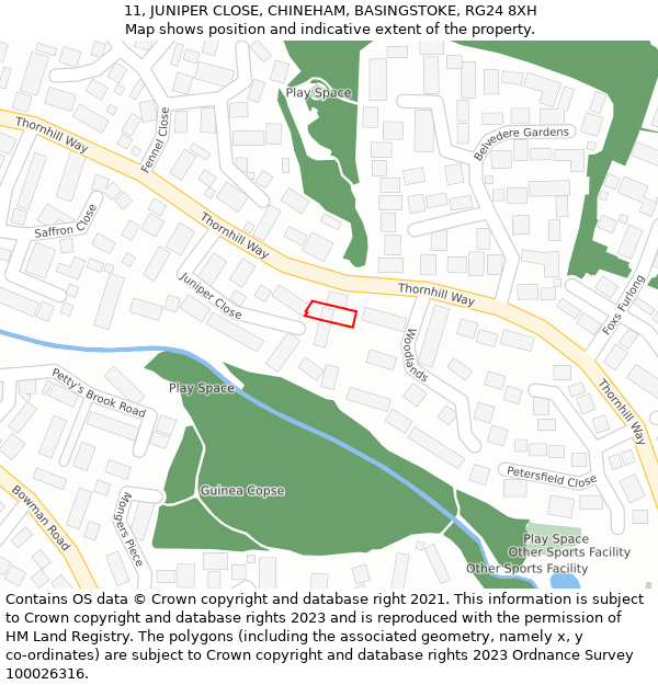 11, JUNIPER CLOSE, CHINEHAM, BASINGSTOKE, RG24 8XH: Location map and indicative extent of plot