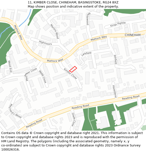 11, KIMBER CLOSE, CHINEHAM, BASINGSTOKE, RG24 8XZ: Location map and indicative extent of plot