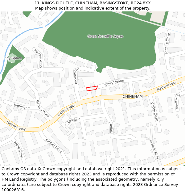 11, KINGS PIGHTLE, CHINEHAM, BASINGSTOKE, RG24 8XX: Location map and indicative extent of plot