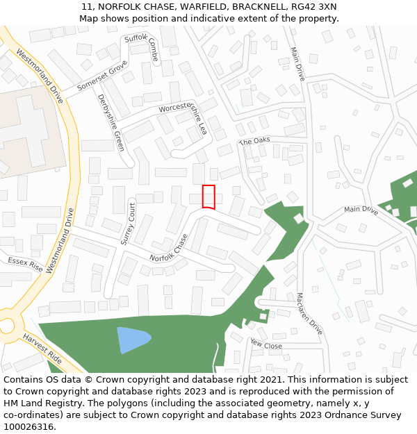 11, NORFOLK CHASE, WARFIELD, BRACKNELL, RG42 3XN: Location map and indicative extent of plot