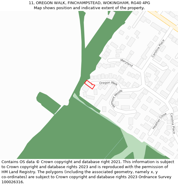 11, OREGON WALK, FINCHAMPSTEAD, WOKINGHAM, RG40 4PG: Location map and indicative extent of plot