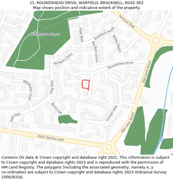 11, ROUNDSHEAD DRIVE, WARFIELD, BRACKNELL, RG42 3RZ: Location map and indicative extent of plot