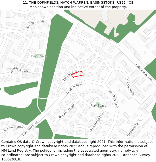 11, THE CORNFIELDS, HATCH WARREN, BASINGSTOKE, RG22 4QB: Location map and indicative extent of plot