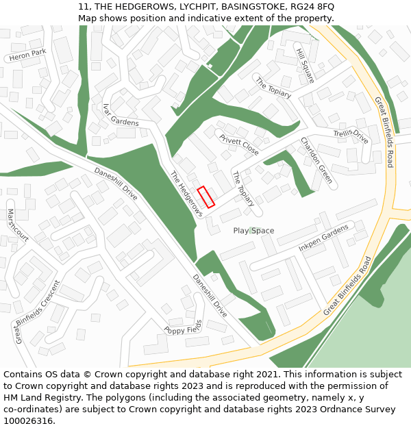 11, THE HEDGEROWS, LYCHPIT, BASINGSTOKE, RG24 8FQ: Location map and indicative extent of plot