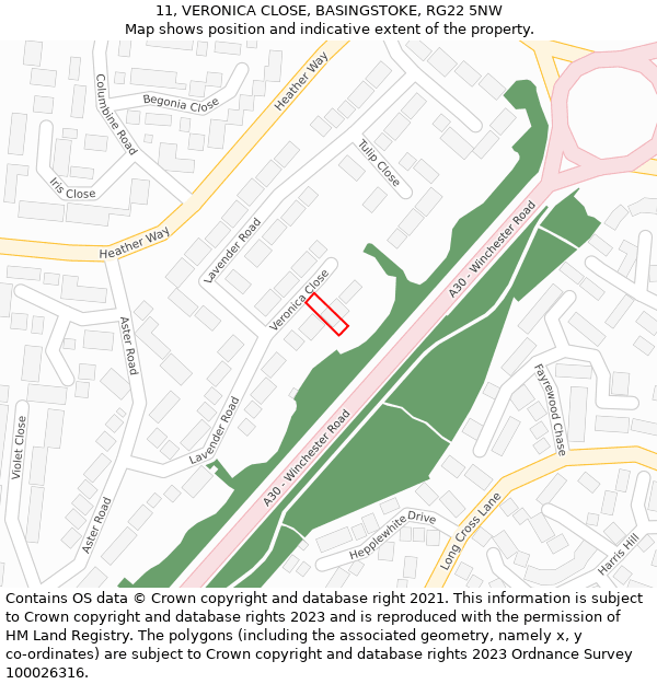 11, VERONICA CLOSE, BASINGSTOKE, RG22 5NW: Location map and indicative extent of plot