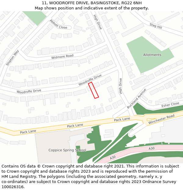 11, WOODROFFE DRIVE, BASINGSTOKE, RG22 6NH: Location map and indicative extent of plot