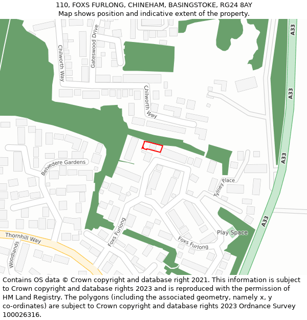 110, FOXS FURLONG, CHINEHAM, BASINGSTOKE, RG24 8AY: Location map and indicative extent of plot