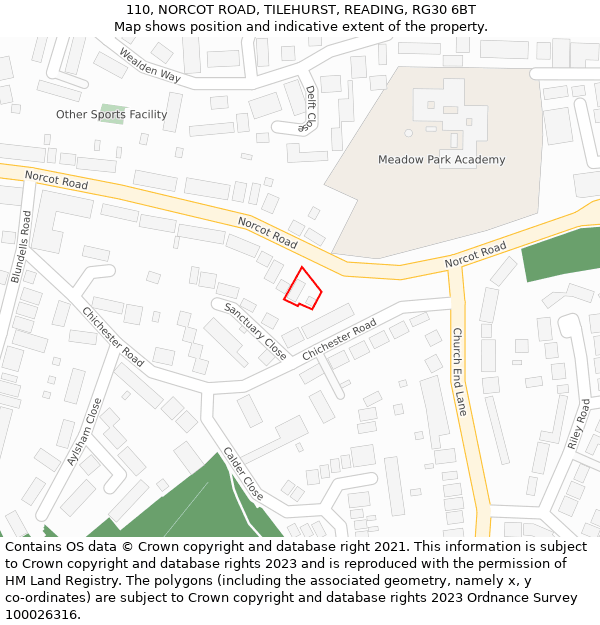 110, NORCOT ROAD, TILEHURST, READING, RG30 6BT: Location map and indicative extent of plot