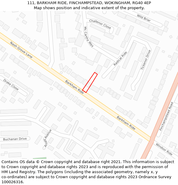 111, BARKHAM RIDE, FINCHAMPSTEAD, WOKINGHAM, RG40 4EP: Location map and indicative extent of plot